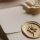 A vertical close-up of an envelope with a gold wax seal decorated with a flower detail.