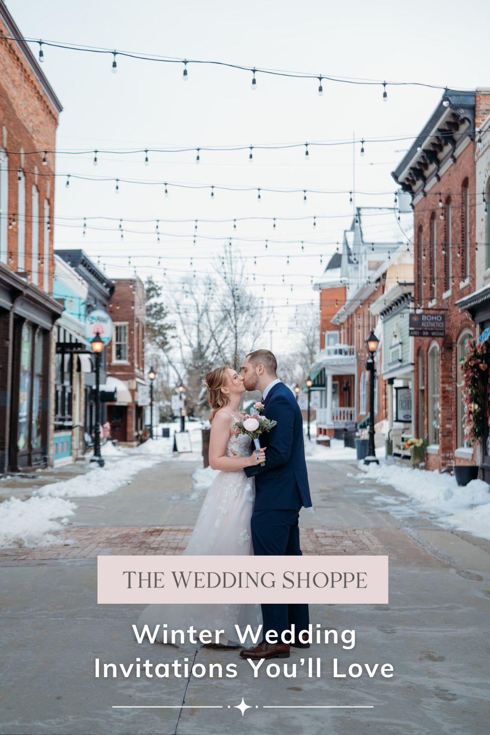 Pinnable blog post graphic for "Winter Wedding Invitations You'll Love" from The Wedding Shoppe.