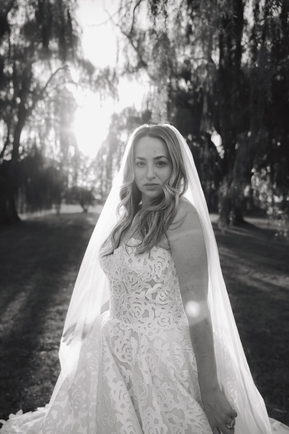 A black and white portrait of a bride standing outdoors in a strapless lace gown and long veil beneath tall trees.