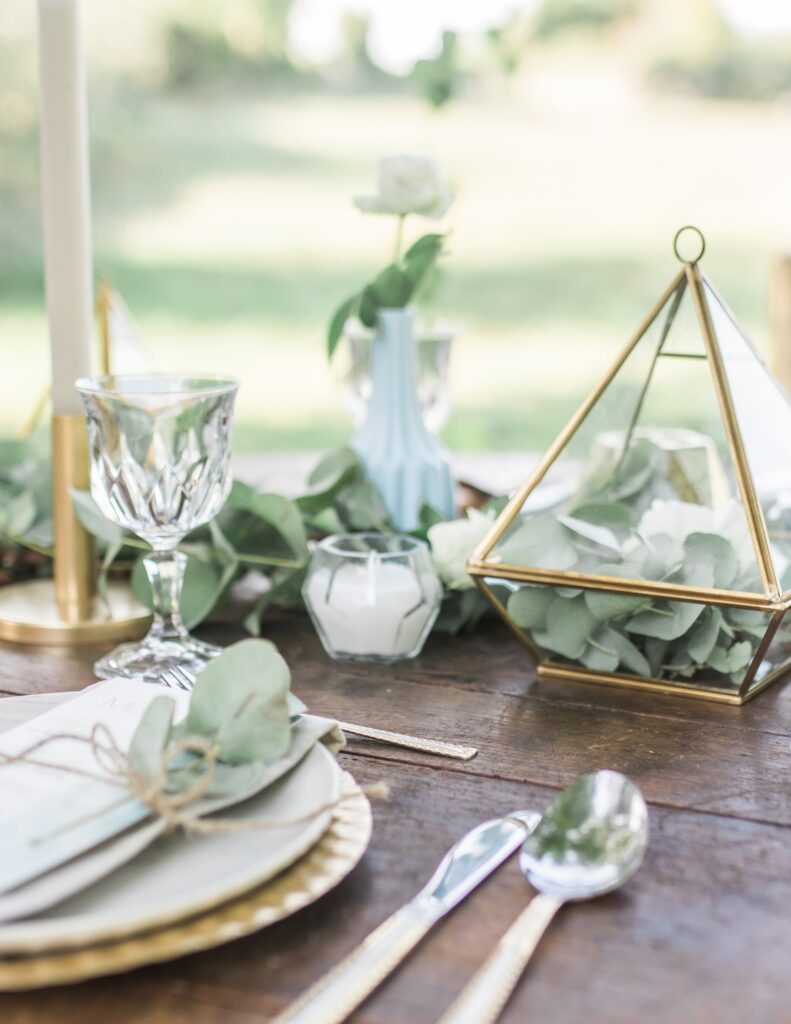 Elegant outdoor wedding table with crystal glasses, greenery, and gold accents.