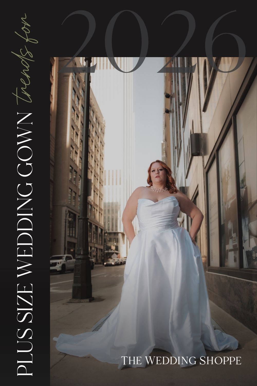 Pinnable blog post graphic for "Plus Size Wedding Gown Trends for 2026" for The Wedding Shoppe.