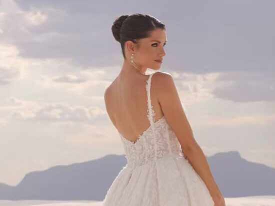 Close-up of a bride in a lace wedding dress with thin straps looking over her shoulder in a bright desert setting.