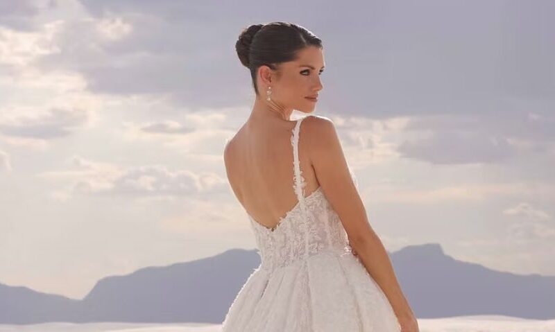 Close-up of a bride in a lace wedding dress with thin straps looking over her shoulder in a bright desert setting.