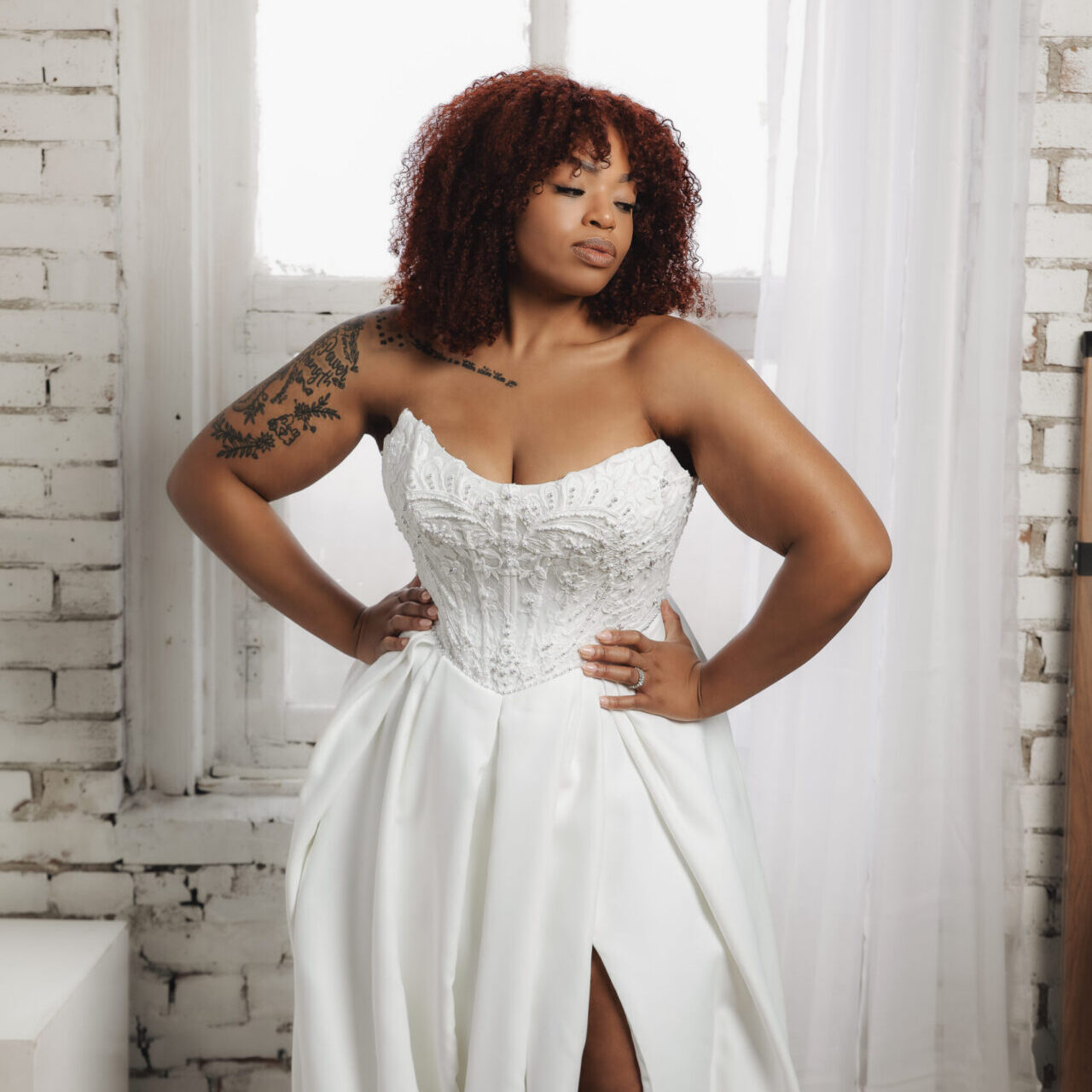 woman wearing strapless bridal dress