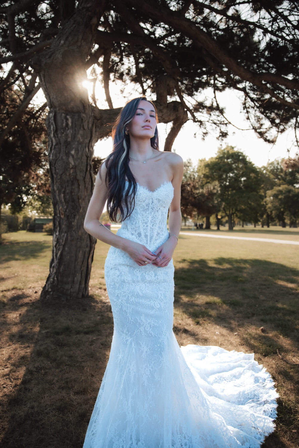 A bride wearing a fitted lace wedding dress stands outdoors near a large tree with sunlight shining through the branches behind her.