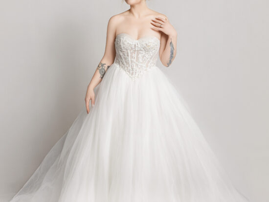 Bride wearing a sleeveless V-neck wedding gown with a lace bodice and full tulle skirt, posing against a neutral background.