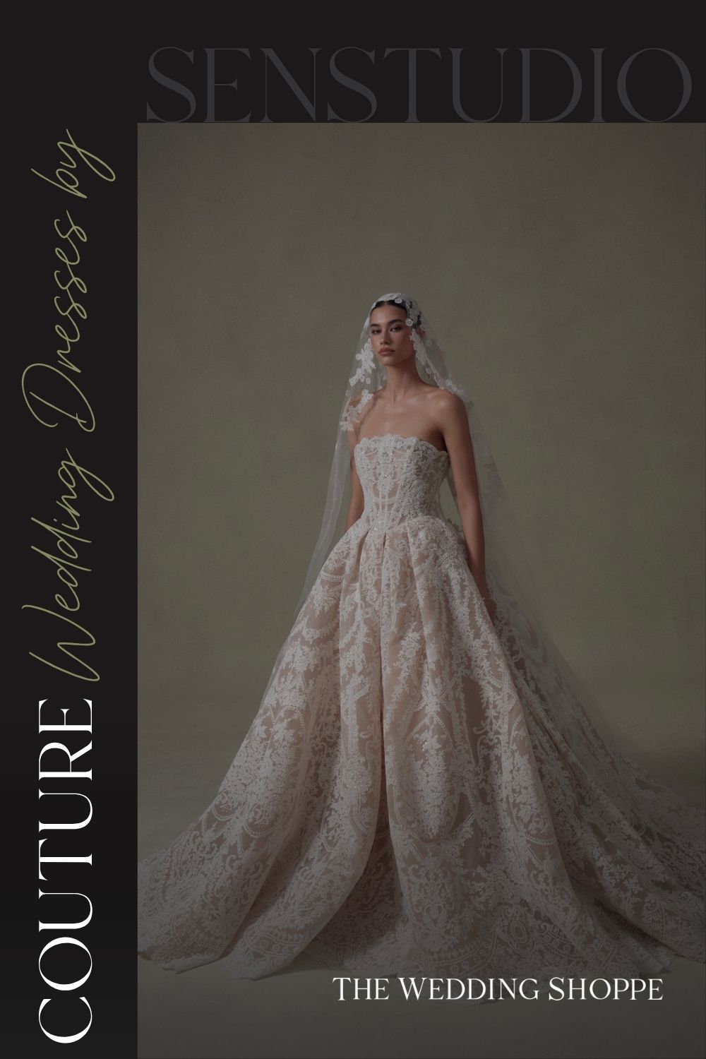 Pinnable blog post graphic for "Couture Wedding Dresses by Senstudio" from The Wedding Shoppe.