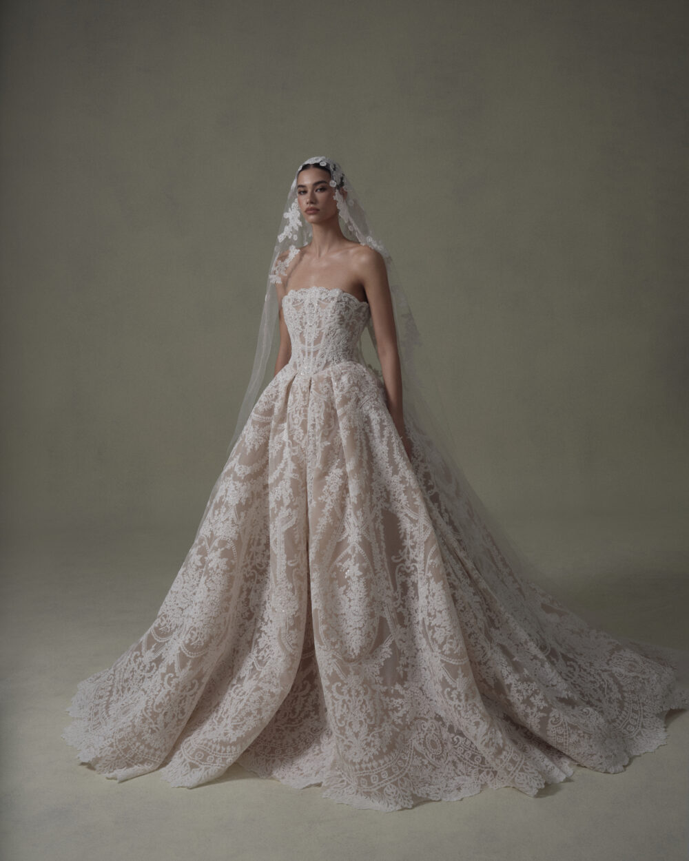 Model wearing a lace ball gown wedding dress with a long veil posed against a dark neutral backdrop.