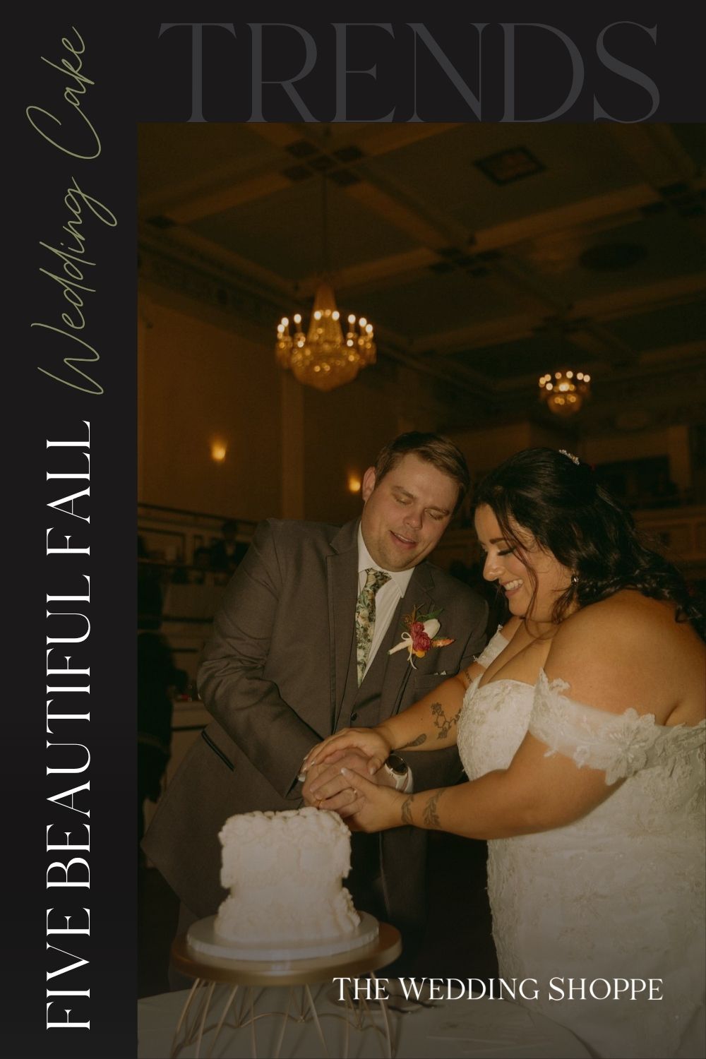 Pinnable blog post graphic for "Five Beautiful Fall Wedding Cake Trends" from The Wedding Shoppe.