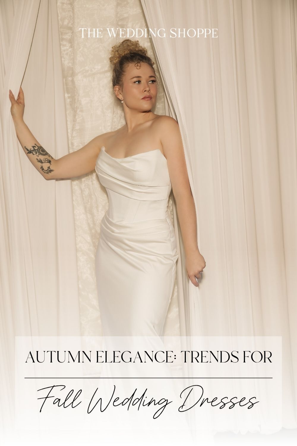 Pinnable blog post graphic for "Autumn Elegance: Trends for Fall Wedding Dresses" from The Wedding Shoppe.