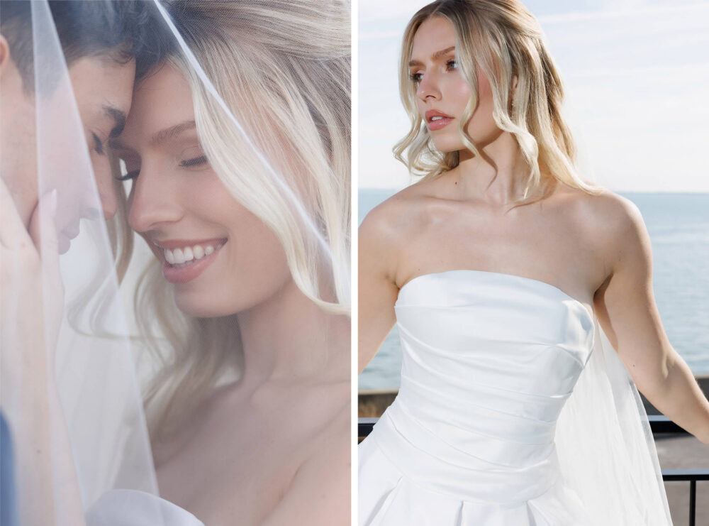 A collage shows a smiling bride and groom sharing a close moment beneath a veil and a portrait of the bride in a strapless satin wedding gown posing by the water.