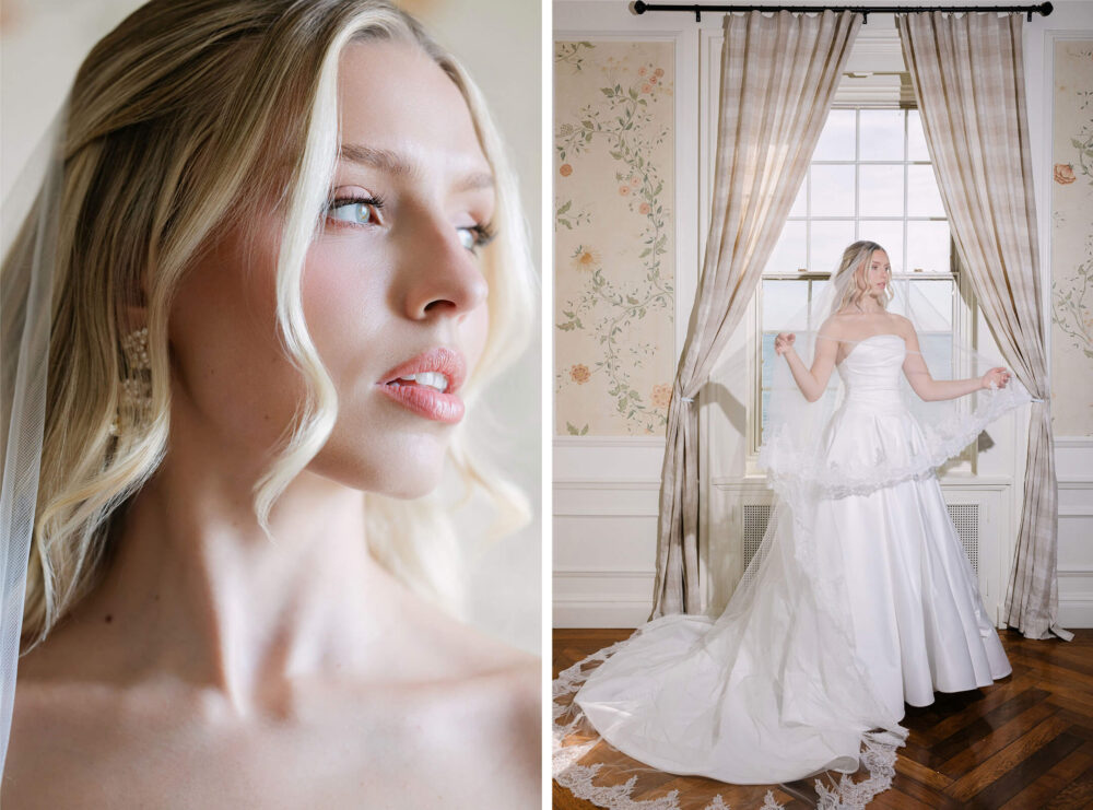 A collage features a close-up side profile of a bride wearing a veil and earrings alongside a full-length portrait of the bride standing in front of a window while holding out her lace-trimmed veil.