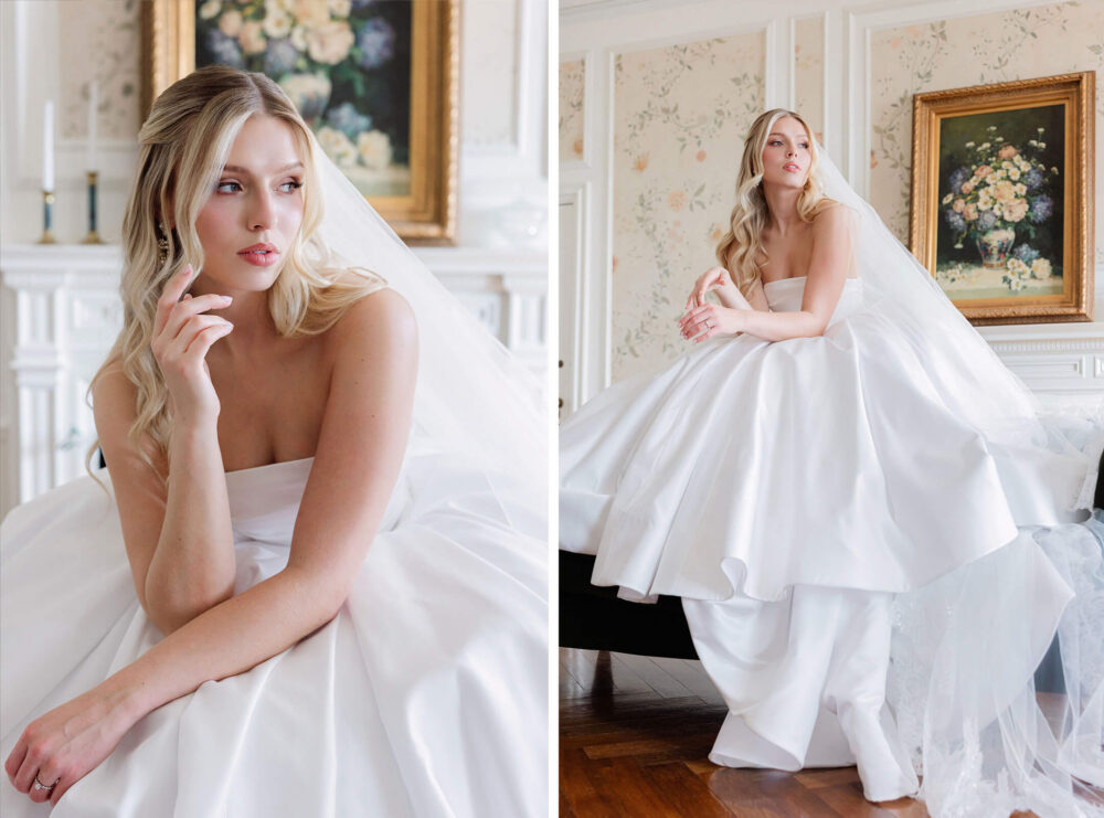 A collage shows a bride in a strapless satin ball gown and long veil posing indoors, including a close-up portrait and a seated full-length bridal portrait.