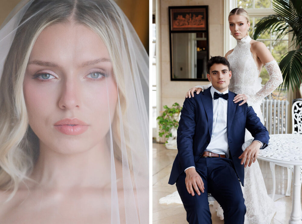 A collage features a close-up portrait of a bride wearing a veil and a formal portrait of a bride in a lace wedding gown standing beside a seated groom in a navy suit.