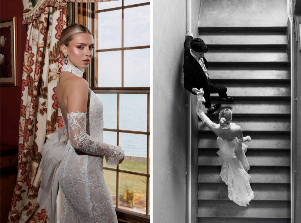 A collage shows a bride in a lace wedding gown with long lace sleeves posing by a window and a black-and-white overhead view of a bride and groom reaching for each other on a staircase.