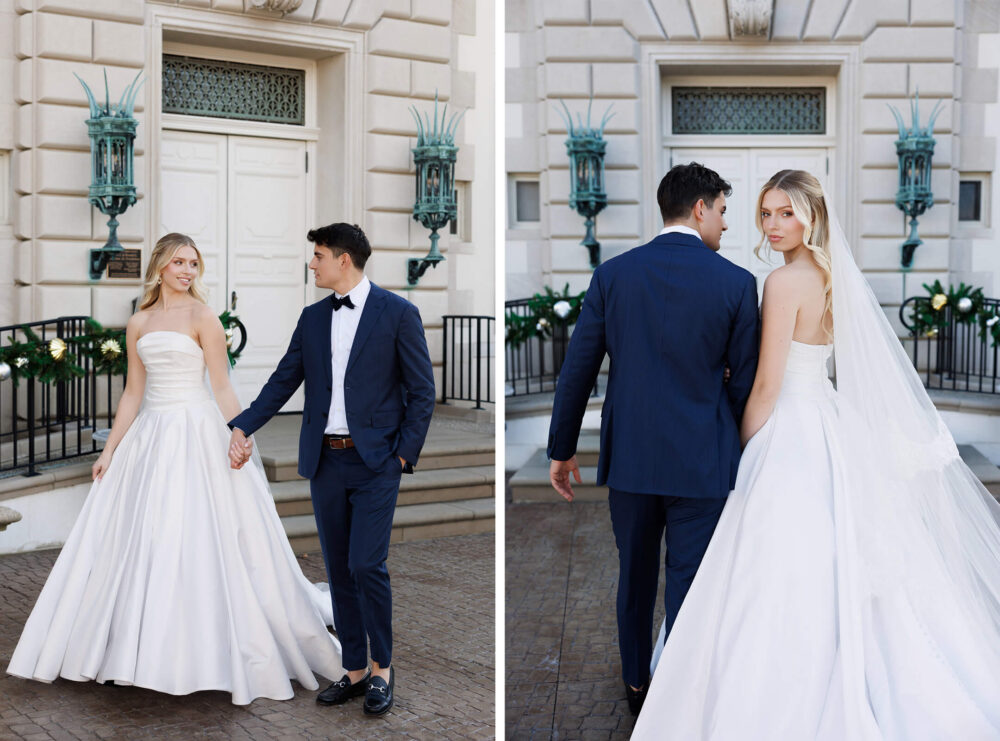 A collage shows a bride and groom holding hands outside a grand building and walking away together while the bride looks back over her shoulder.