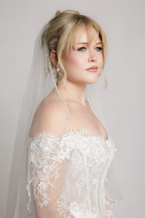 Close-up of a bride in an off-the-shoulder lace wedding dress with a veil, showing detailed floral lace and neckline.