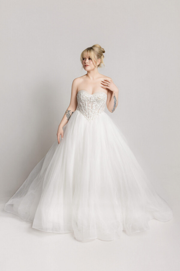 Bride wearing a sleeveless V-neck wedding gown with a lace bodice and full tulle skirt, posing against a neutral background.